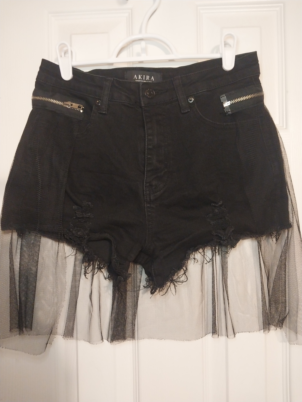 AKIRA Black Stretch Denim Mesh-Layer Skort with Gold Zip Trim